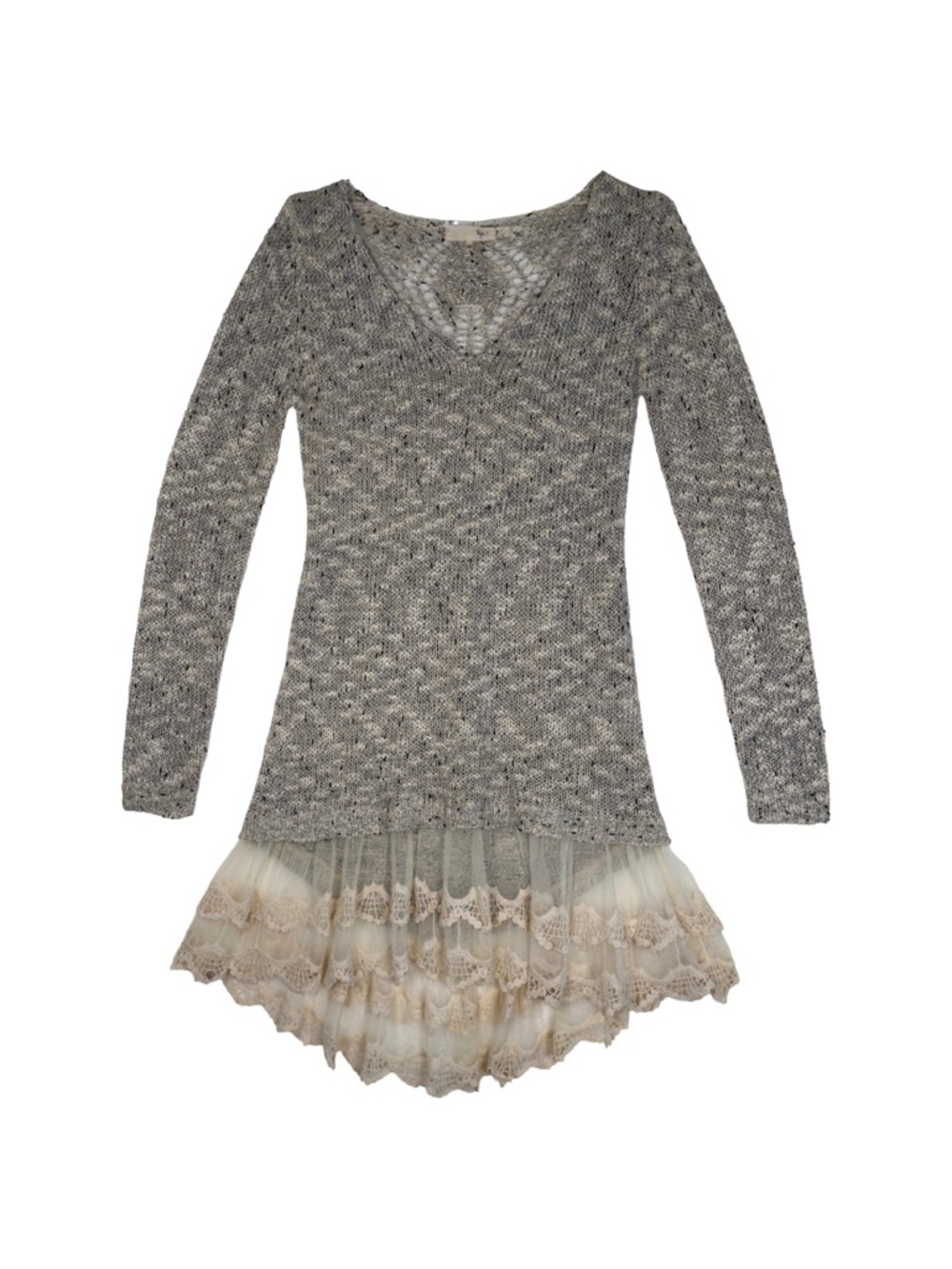 Anthropologie Grey & Cream Lace Trim Knit Tunic Sweater Dress Boho Fairy Grunge
